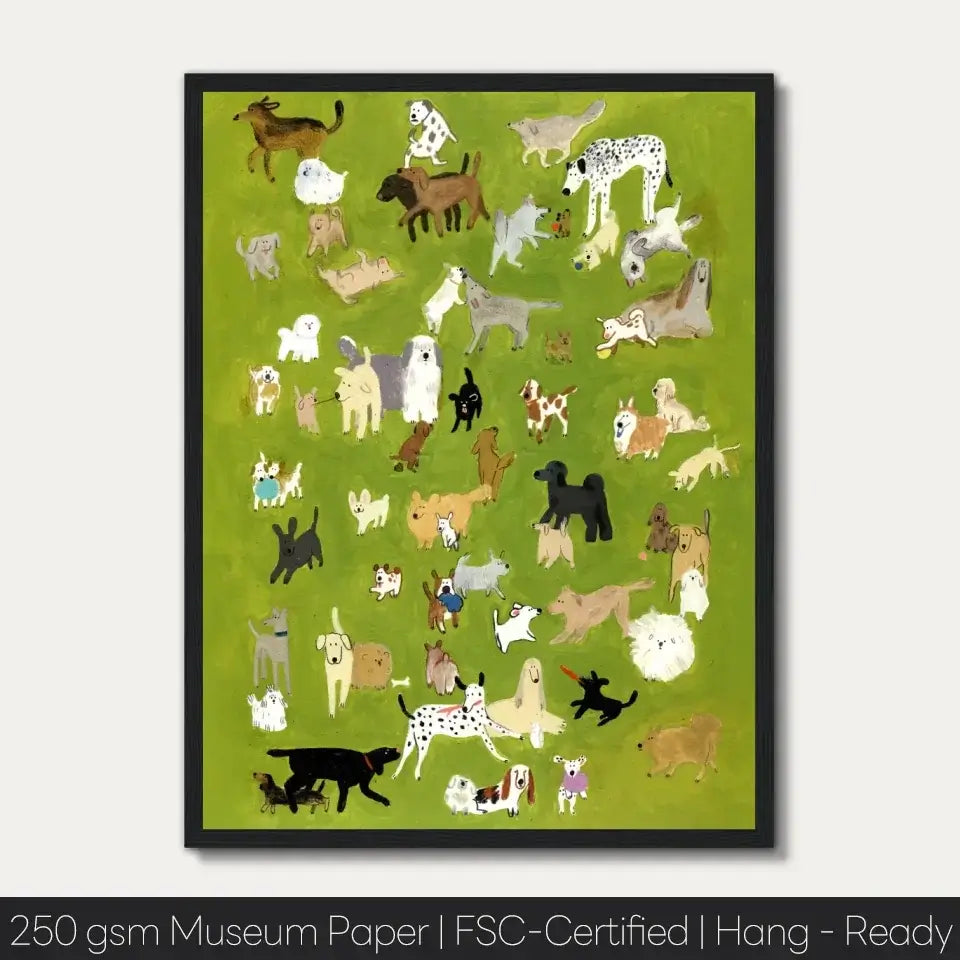 Green dog park painting print with various colorful dog breeds in playful poses, printed on museum-quality paper, ready to hang.