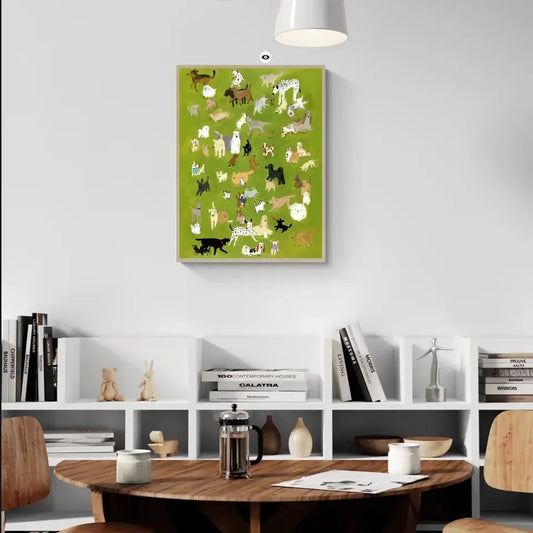 Green dog park painting print on wall in modern living room with wood furniture and shelving.