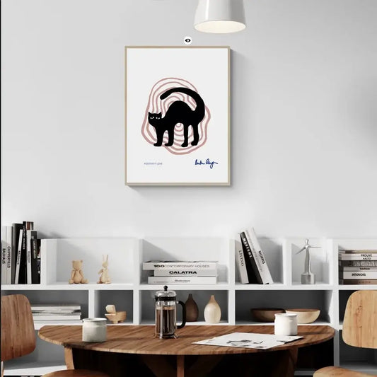 Black Cat Illustration Art Print displayed in modern living room setting for elegant home decor.