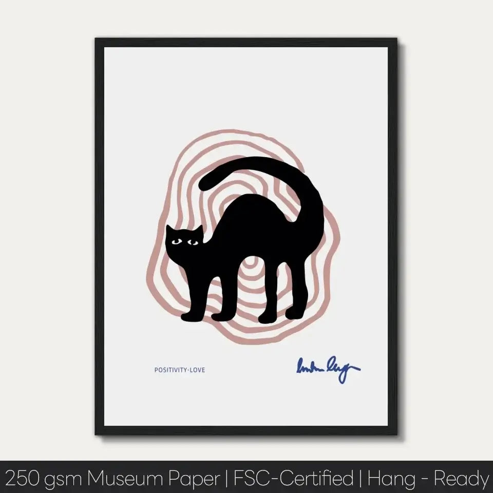 Black cat illustration art print on 250 gsm museum paper, elegantly framed and hang-ready, perfect for cat lovers and home decor.