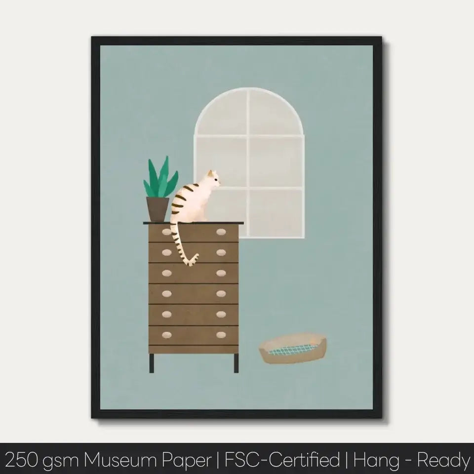 Curious cat exploring a cabinet art print, whimsical feline decor for cat lovers, museum paper, ready to hang wall art.