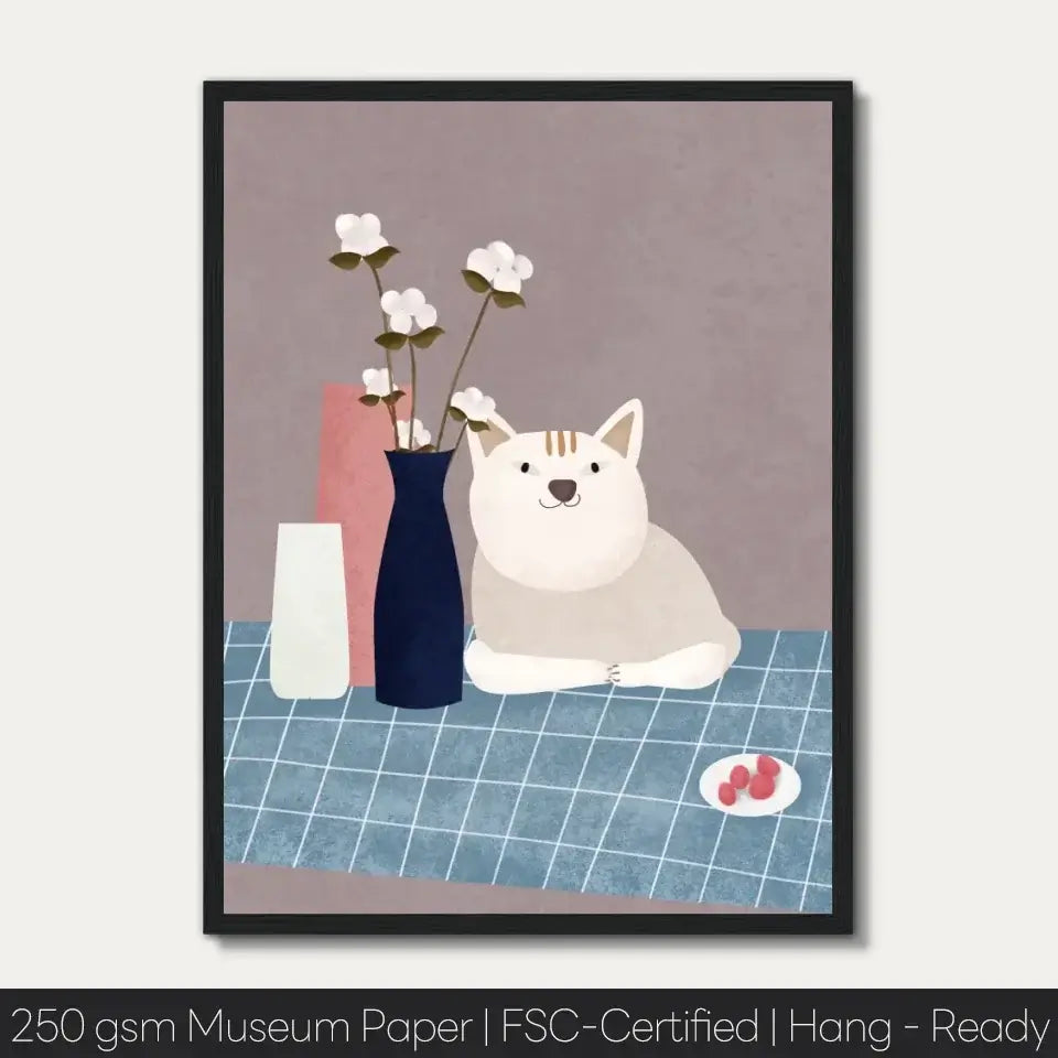 Cat art print with vases and flowers, adding warmth and charm to any tabletop; perfect for cat lovers' home decor.