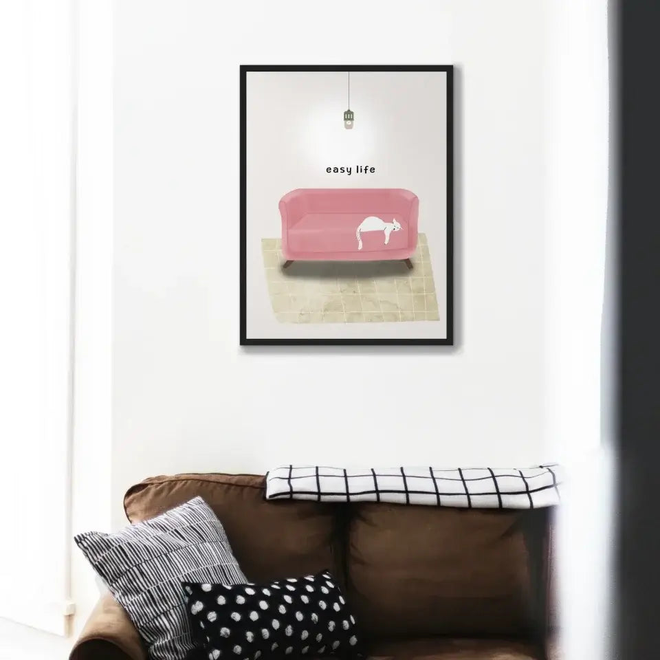 Modern living room with a stylish art print featuring a pink couch and a minimalist design.