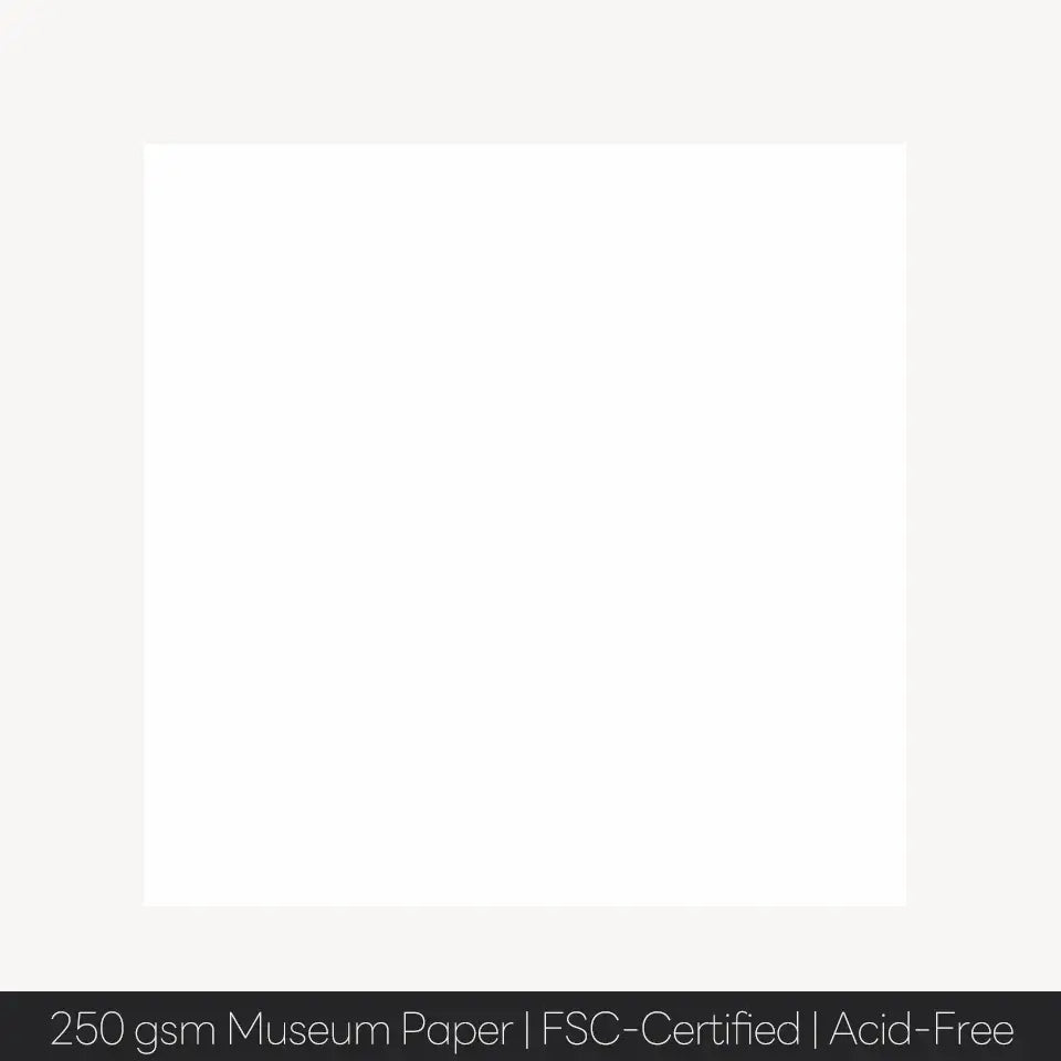 Blank sheet of 250 gsm museum paper, FSC-certified and acid-free, ideal for art prints and high-quality printing.