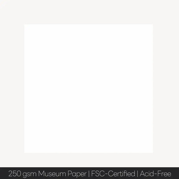 Blank sheet of 250 gsm museum paper, FSC-certified and acid-free, ideal for art prints and high-quality printing.