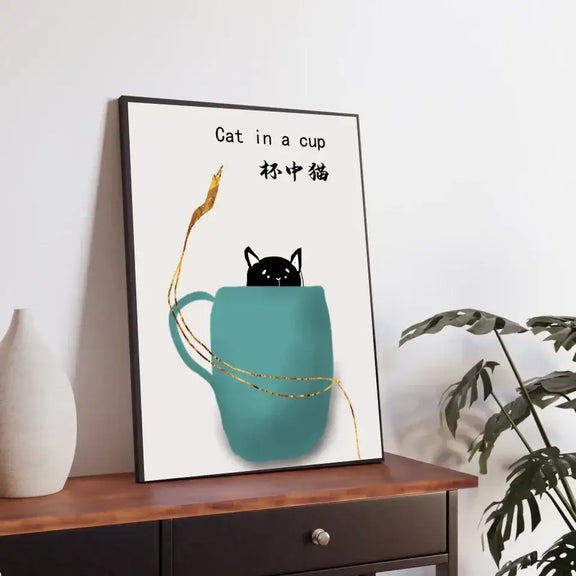 "Quirky cat in a cup art print on display, perfect for cat lovers and home decor enthusiasts."