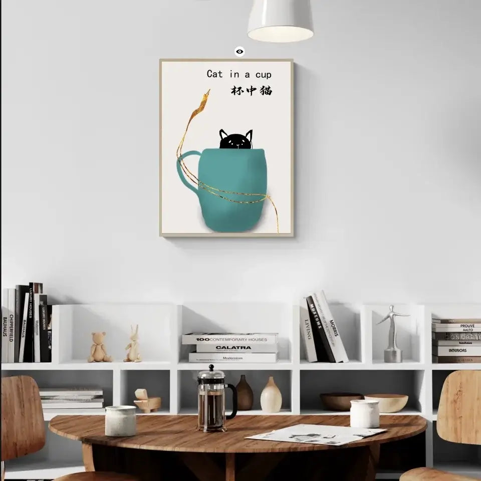 "Whimsical Cat in a Cup Art Print adorning a modern dining room wall"