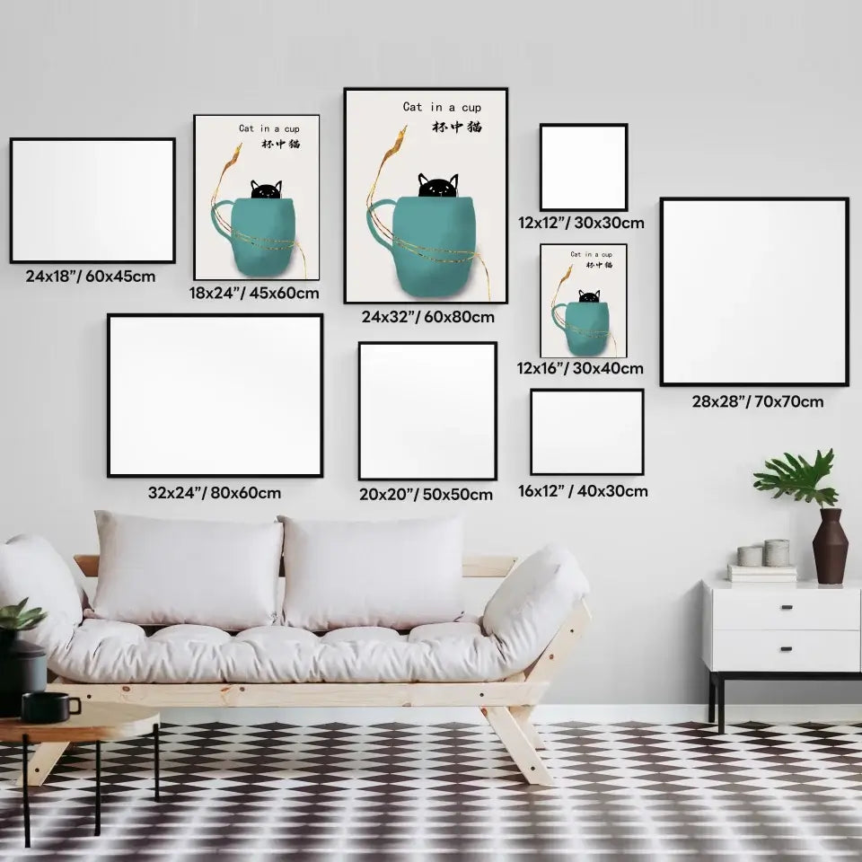 Wall display of various sized Cat in a Cup Art Prints, featuring a cat in a cup, perfect for quirky home decor and cat lovers.