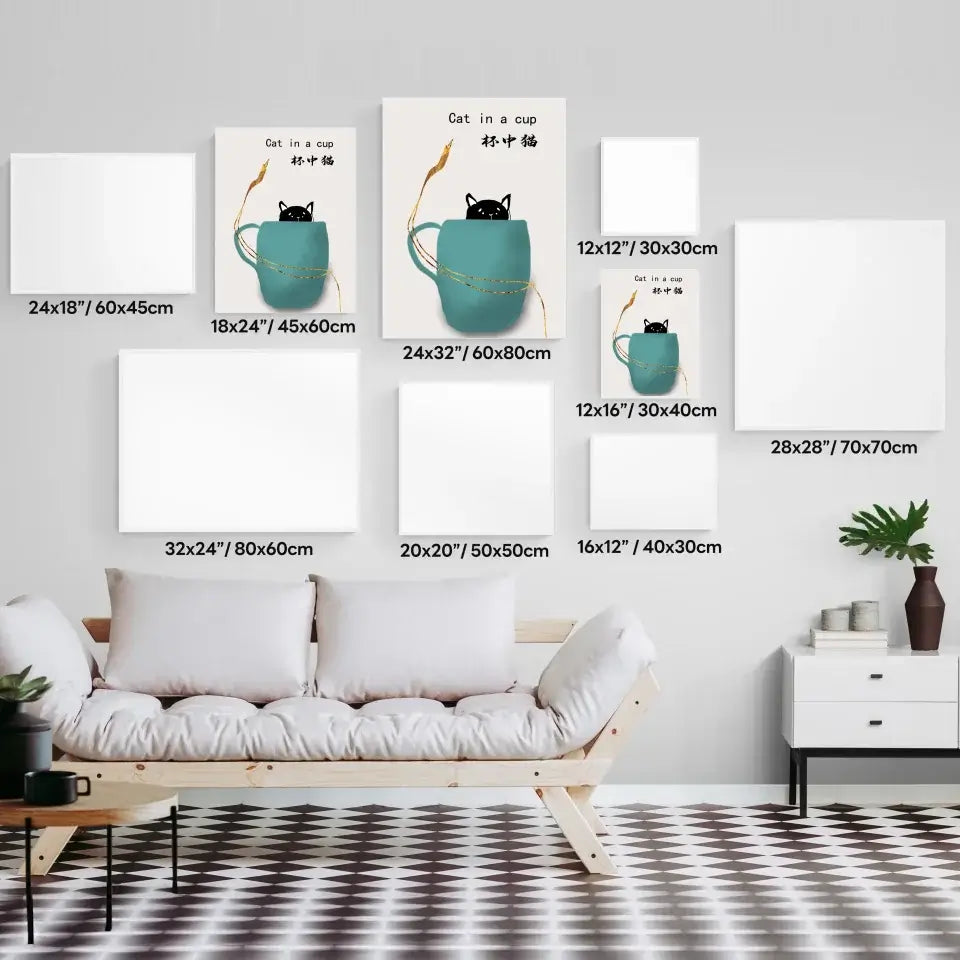 Cat in a Cup Art Print display in different sizes on a wall above a sofa, showcasing quirky home decor options for cat lovers.