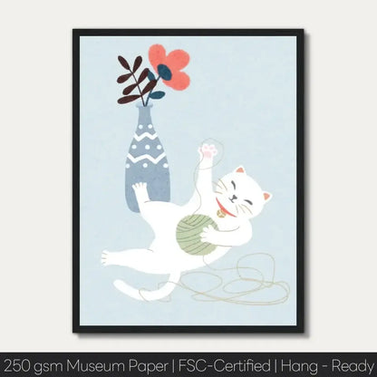 Charming art print of a playful cat with a yarn ball, features a floral vase, perfect for adding a whimsical touch to any room decor.