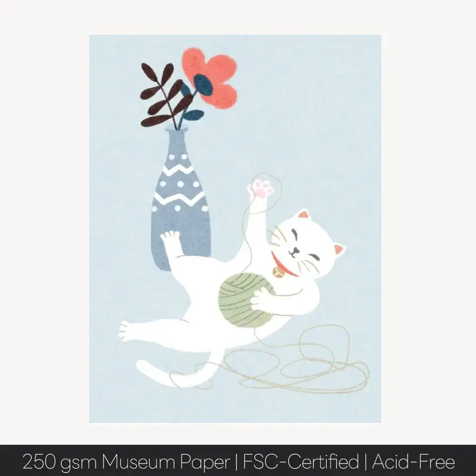 Playful cat with yarn ball art print, whimsical decor for cat lovers, high-quality museum paper, FSC-certified, acid-free.