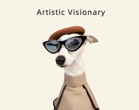 Stylish dog in sunglasses and beret with "Artistic Visionary" text, embodying a chic and creative look.