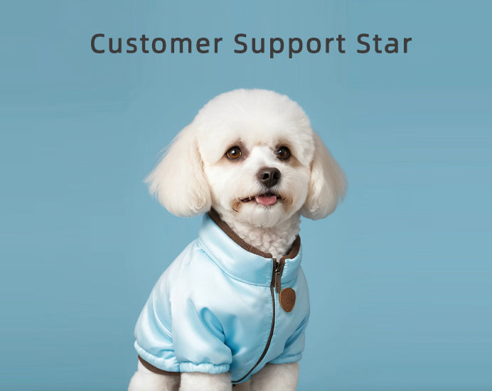 At Meraki Pet, our 'Customer Support Star' is more than just a representative. This little dog, dressed in a chic blue jacket, with its friendly smile and attentive gaze, is always ready to assist and ensure your shopping experience is worry-free.