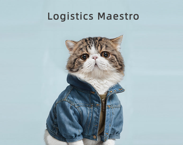 A cat wearing a denim jacket with the text "Logistics Maestro" above it, set against a light blue background.