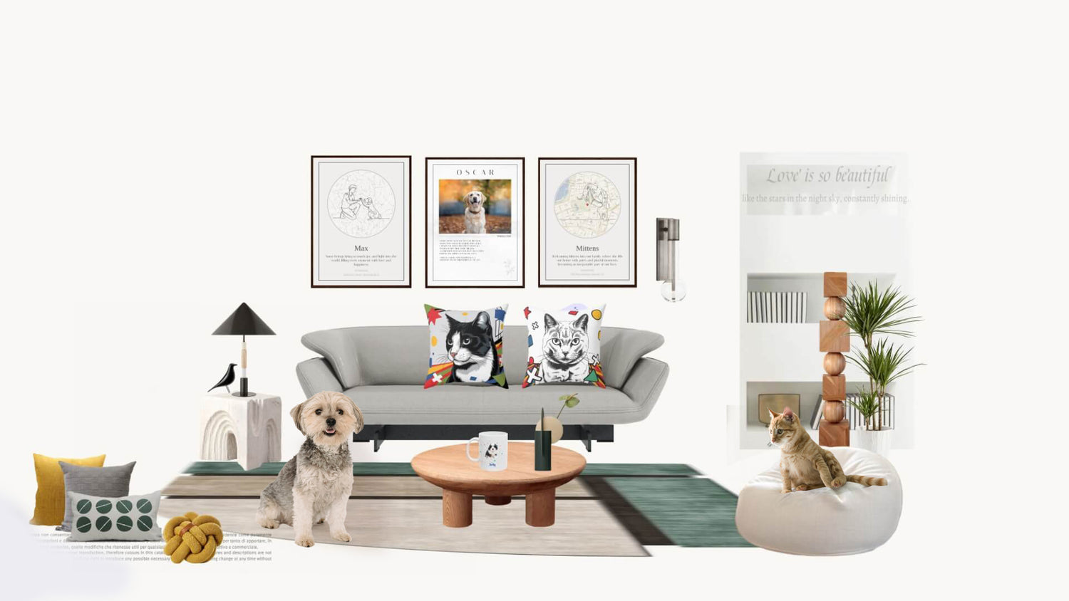 Cozy modern living room with a grey sofa, decorative pillows, a dog, and a cat, stylish wall art, and plants for a serene atmosphere.