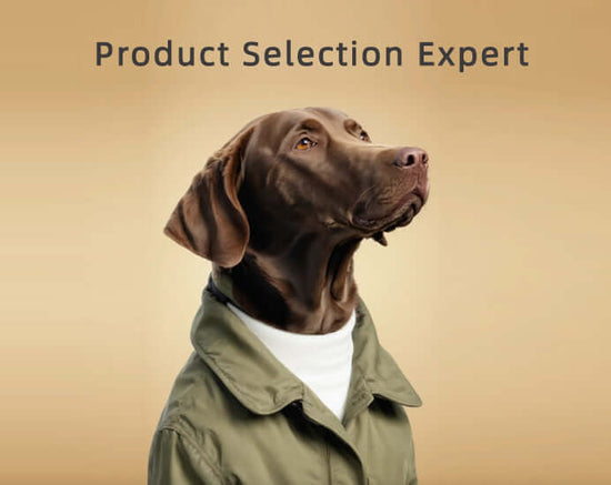 Dog in a coat labeled as a "Product Selection Expert" on a beige background.