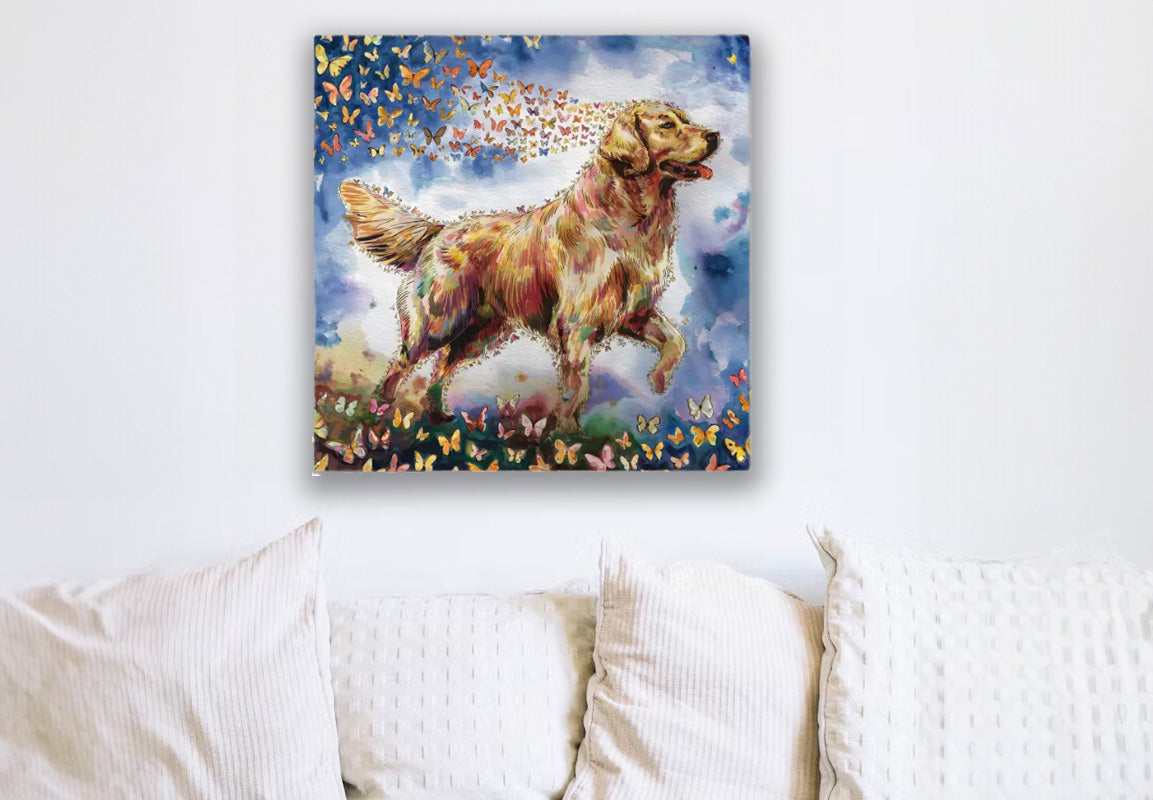 Colorful painting of a dog and butterflies hangs above a white sofa, blending vibrant art with cozy home decor.