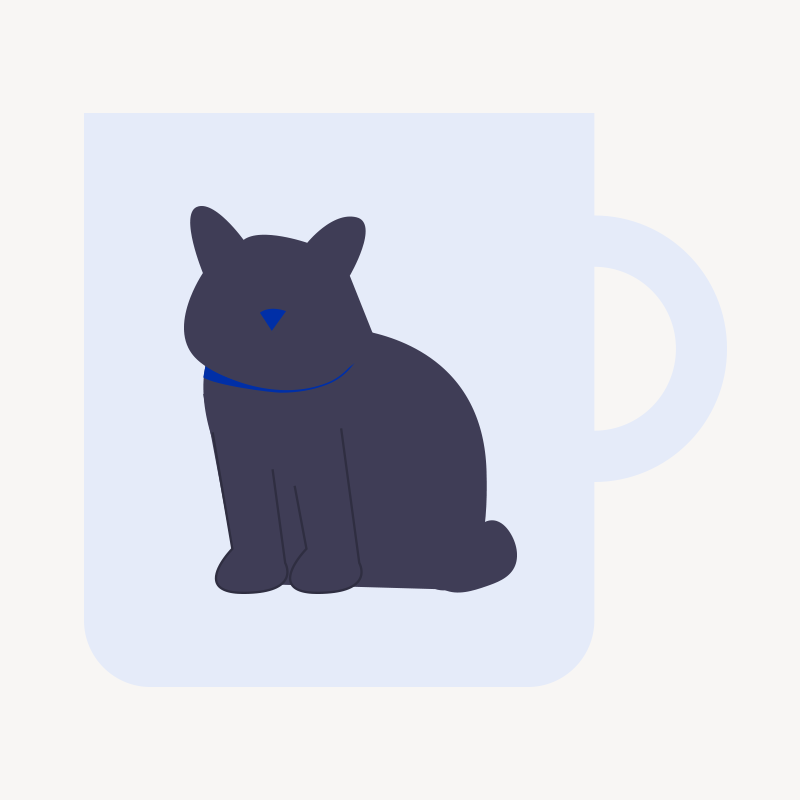 Illustrated dark cat sitting inside a light blue coffee mug.