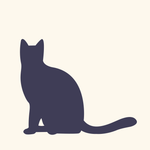 Silhouette of a cat sitting with a curved tail on a light background.