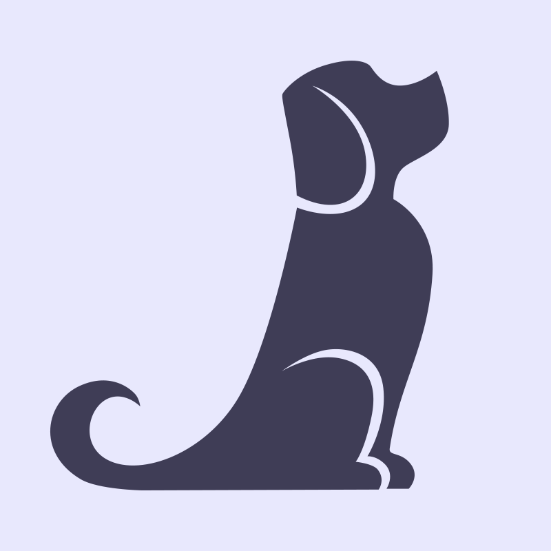 Silhouette of a sitting dog on a light purple background.