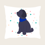 Illustration of a black dog with a blue collar surrounded by colorful sparkles on a white background.