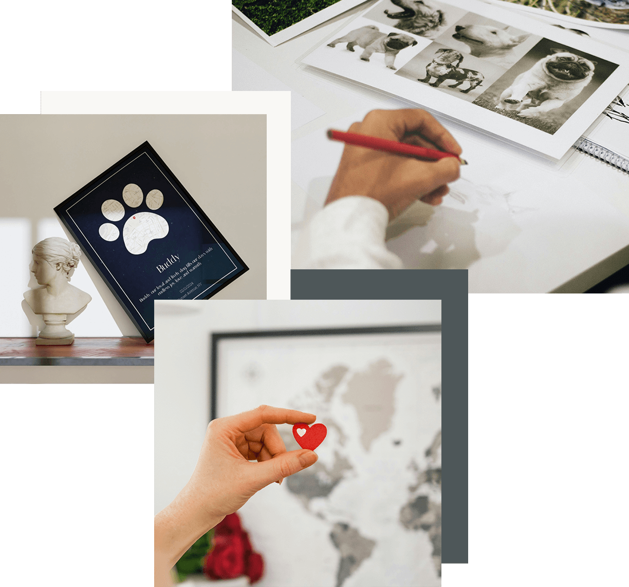 Collage showing a person sketching, a paw print memorial frame, a hand holding a heart pin, and a bust sculpture.