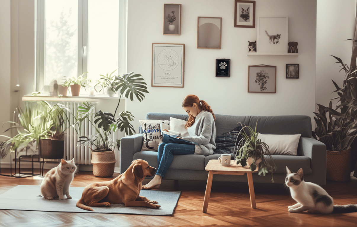 Cozy living room with a woman reading on a sofa, surrounded by plants, cats, and a dog.